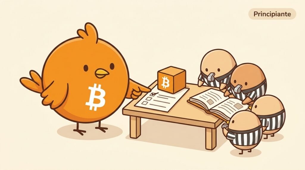 Pajarito y varios nodos revisan el mismo reglamento para comprobar de forma independiente un bloque de Bitcoin.