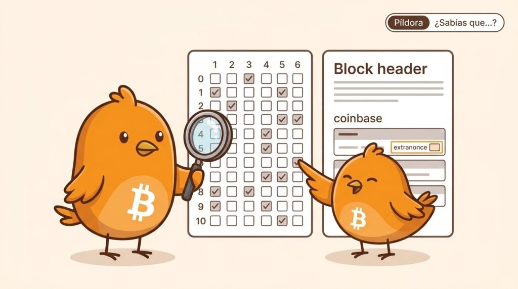 Pajarito muestra cómo los mineros cambian el extranonce de la coinbase cuando agotan las combinaciones del nonce del encabezado.