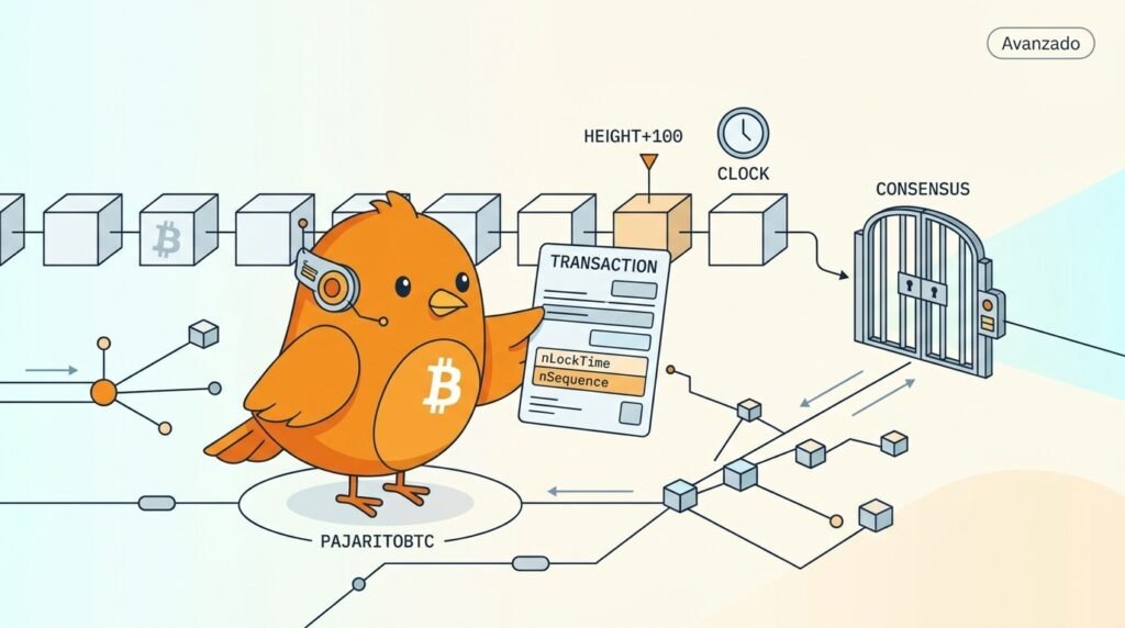 Pajarito examina una transacción con nLockTime y nSequence frente a una cadena de bloques, mostrando que el consenso espera a una altura o tiempo mediano determinados.