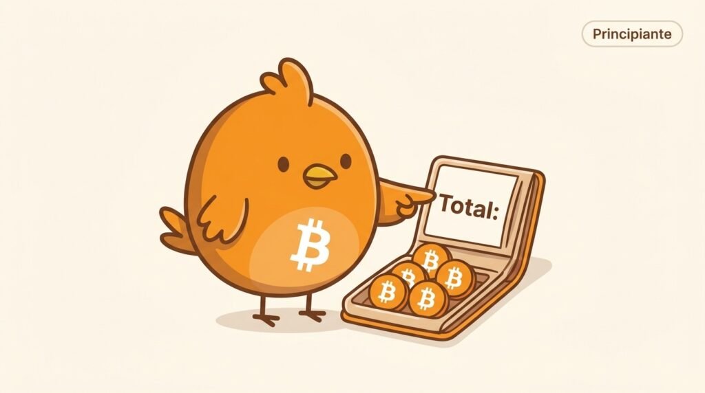 Pajarito reúne varias fichas Bitcoin en una wallet para mostrar que el saldo visible se compone de varias salidas no gastadas.
