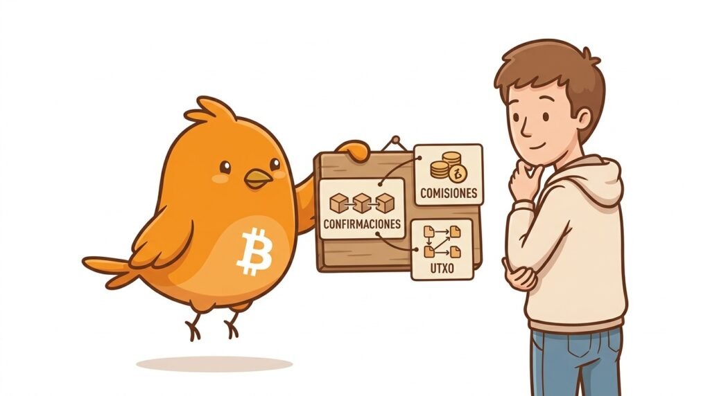 Pajarito conversa con una persona ante una pizarra que reúne varias ideas de Bitcoin, como claves, confirmaciones, comisiones y UTXO, para mostrar que cada persona puede encontrar difícil una parte distinta.