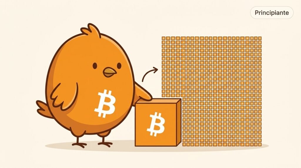 Pajarito muestra que un bitcoin puede dividirse en muchas unidades pequeñas llamadas satoshis, con una composición vectorial naranja sobre fondo marfil.