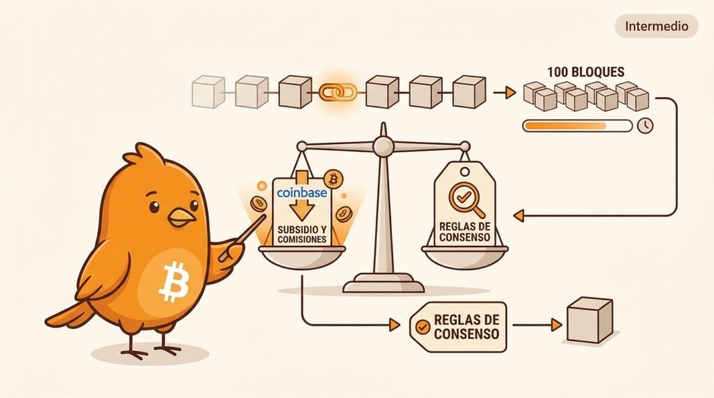 Ilustración vectorial de Pajarito comprobando en una balanza que la recompensa de una coinbase no supere el subsidio más las comisiones, junto a una cadena de bloques y una espera de 100 bloques.