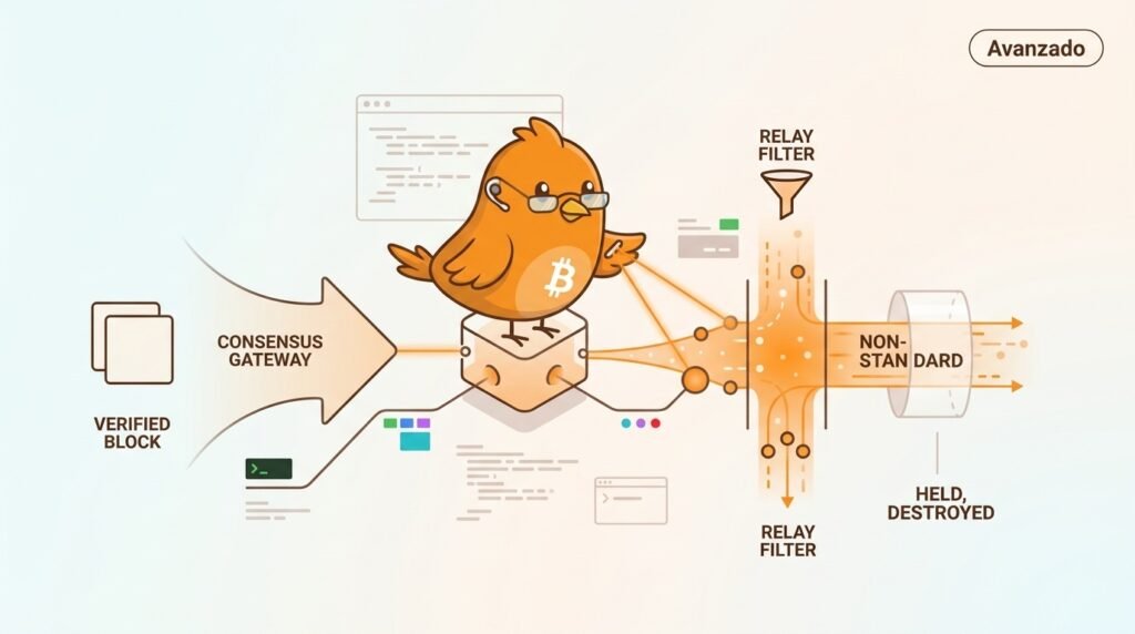 Ilustración vectorial de Pajarito explicando la diferencia entre consenso y política de relay: una transacción puede superar las reglas de consenso aunque un filtro local no la retransmita.