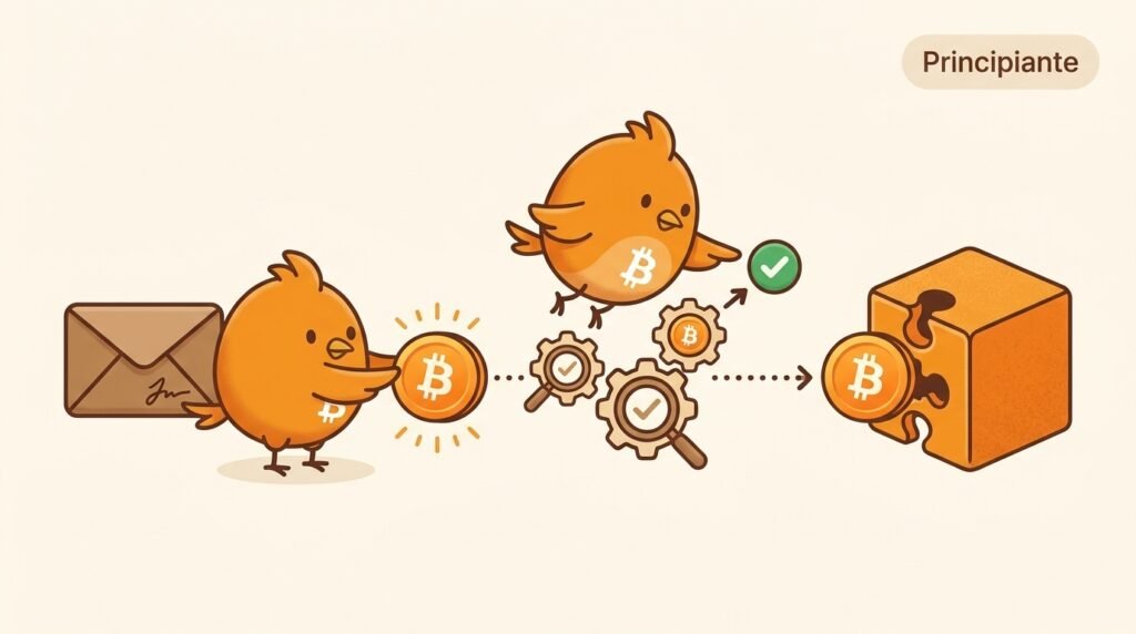 Pajarito muestra cómo una transacción de Bitcoin se firma en una wallet, es verificada por nodos y termina dentro de un bloque.