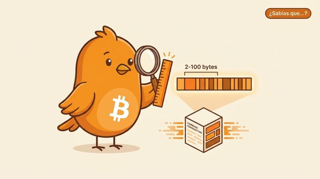 Pajarito mide con una regla el espacio limitado del scriptSig de una transacción coinbase dentro de un bloque de Bitcoin.