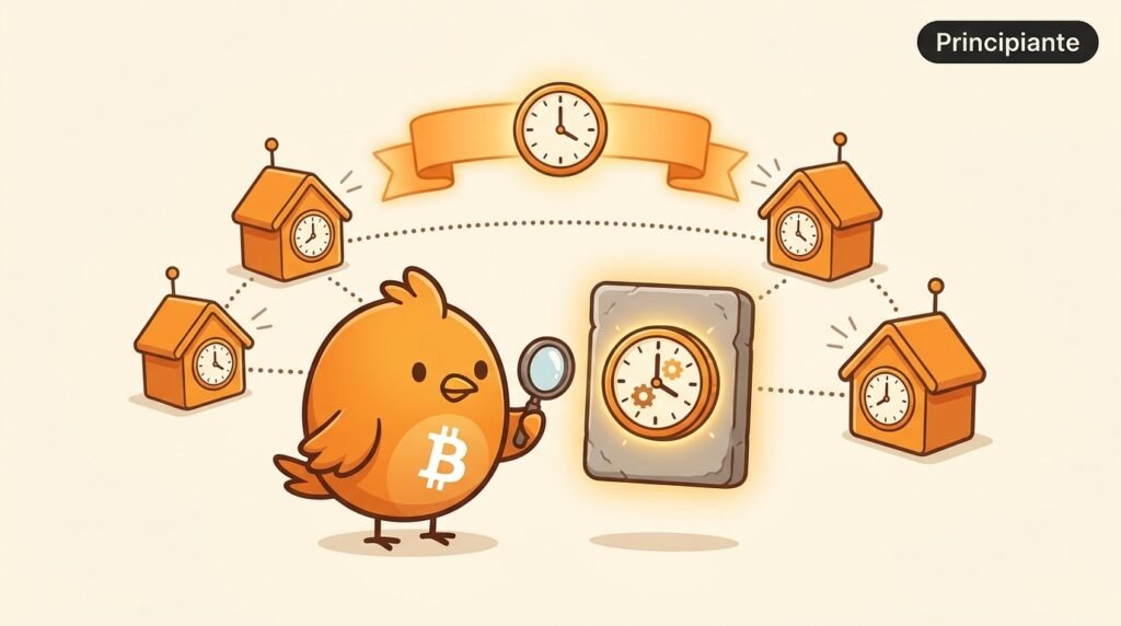 Ilustración vectorial de Pajarito comparando la marca temporal de un bloque de Bitcoin con el tiempo mediano de bloques anteriores mediante varios nodos y relojes simbólicos.