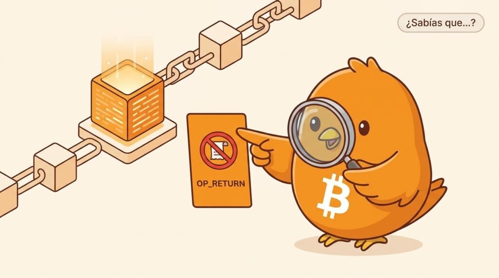 Pajarito muestra una salida OP_RETURN que registra un dato en la cadena de bloques, con una indicación visual de que no puede gastarse.