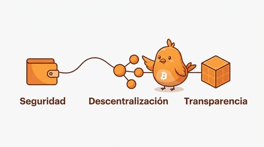 Pajarito sigue una ficha naranja desde una wallet, a través de nodos conectados, hasta un bloque, mostrando el recorrido de un dato en Bitcoin.