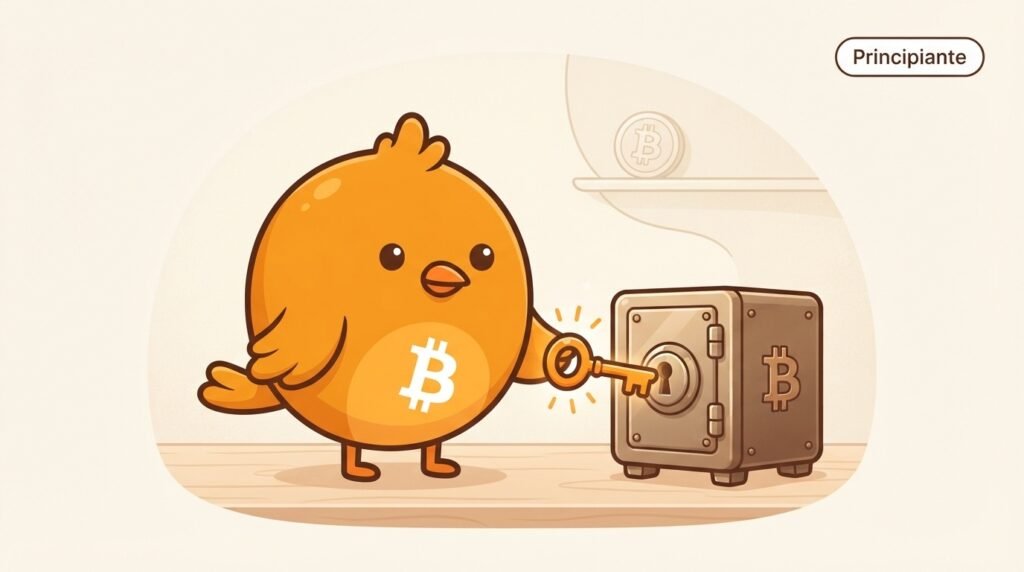 Pajarito sostiene una llave maestra naranja frente a una caja fuerte con símbolo de Bitcoin, representando que la frase semilla permite recuperar las claves de una wallet.