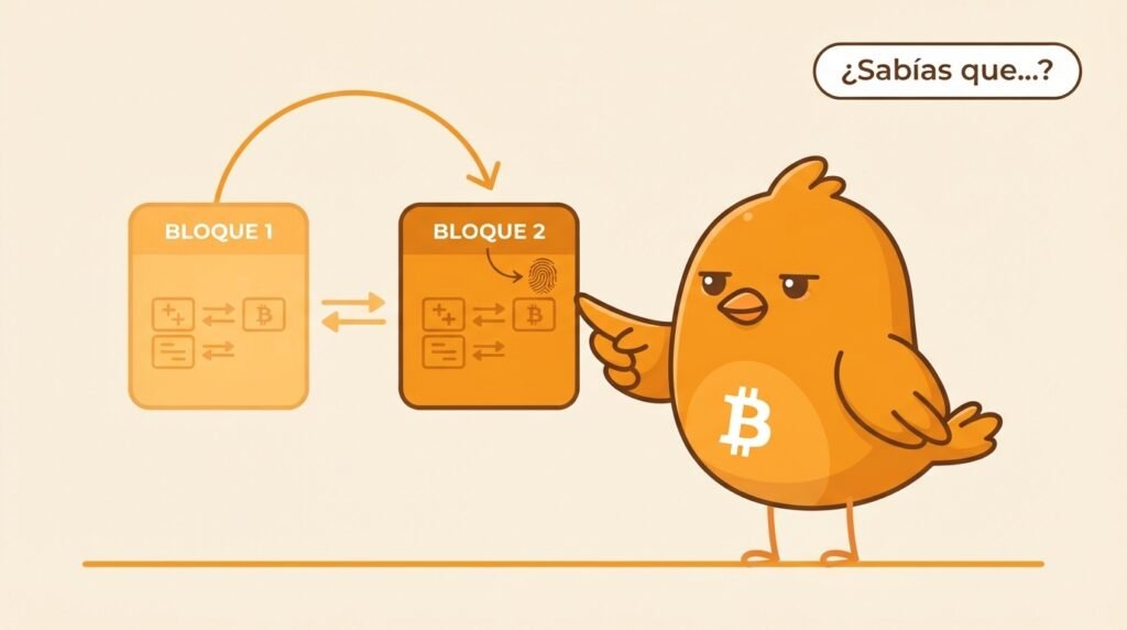 Ilustración vectorial de Pajarito señalando cómo el encabezado de un bloque genera su hash y enlaza con el bloque anterior.