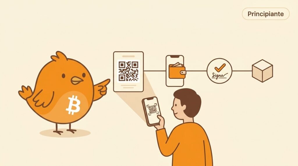 Ilustración vectorial cálida en la que Pajarito observa cómo una persona escanea un QR de pago con su móvil; el recorrido continúa hacia una wallet que firma una transacción y finalmente hacia un bloque de Bitcoin, mostrando que escanear no registra el pago por sí solo.