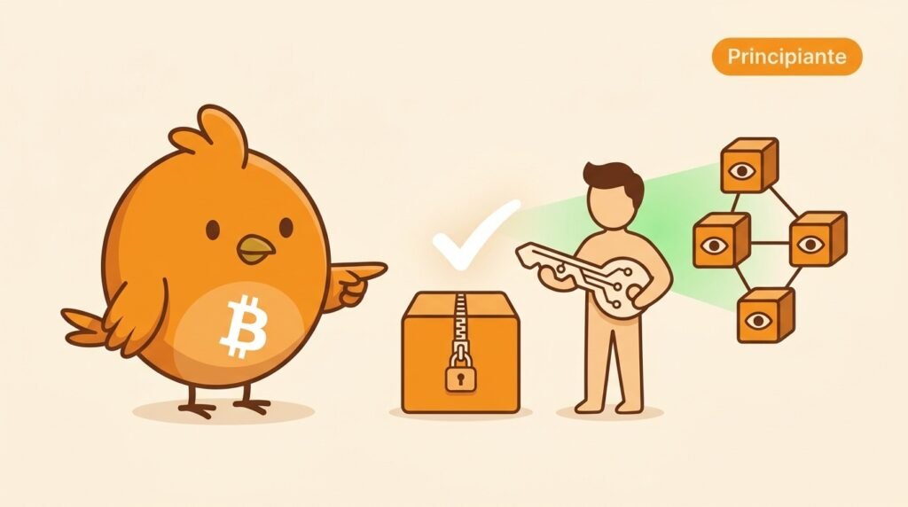 Pajarito observa cómo varios nodos verifican una firma criptográfica para autorizar el gasto de una salida de Bitcoin, sin comprobar la identidad de la persona.