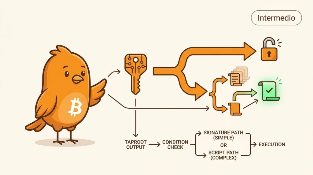 Ilustración vectorial de Pajarito junto a un esquema Taproot: una salida se divide entre una ruta de firma directa y un árbol de scripts, del que solo una rama se revela y verifica con un control block.