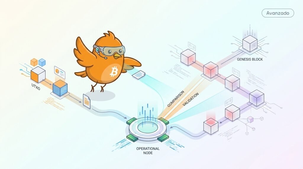 Ilustración vectorial de Pajarito mostrando cómo una instantánea del conjunto UTXO permite iniciar rápidamente un nodo mientras una segunda ruta valida el historial completo desde el génesis y compara ambos estados.