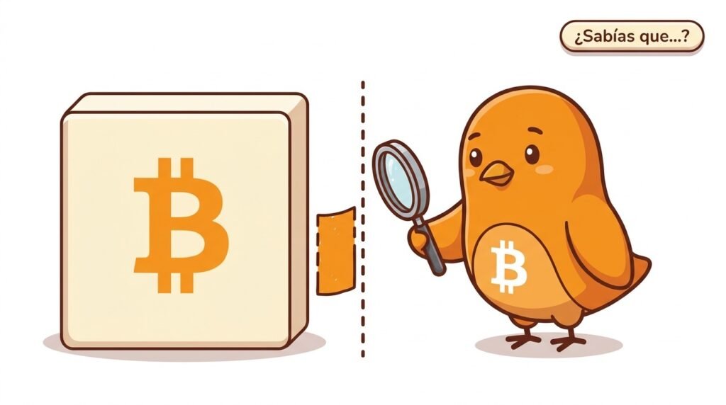 Ilustración vectorial de Pajarito señalando la recompensa del bloque génesis de Bitcoin, separada visualmente del conjunto de salidas no gastadas para mostrar que no puede gastarse.