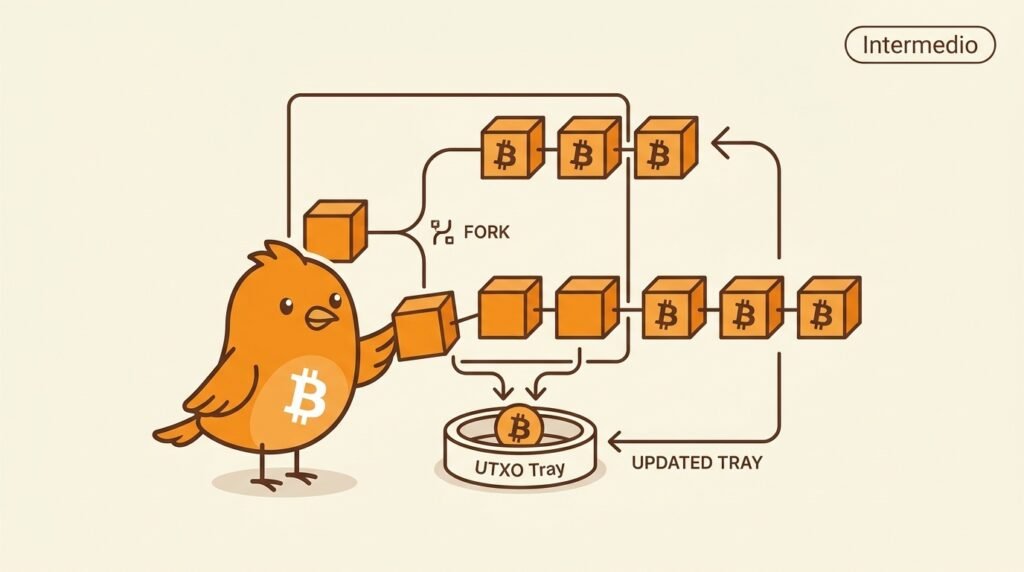 Ilustración vectorial de Pajarito mostrando cómo un nodo deshace una rama de bloques, restaura UTXO y conecta una rama alternativa.
