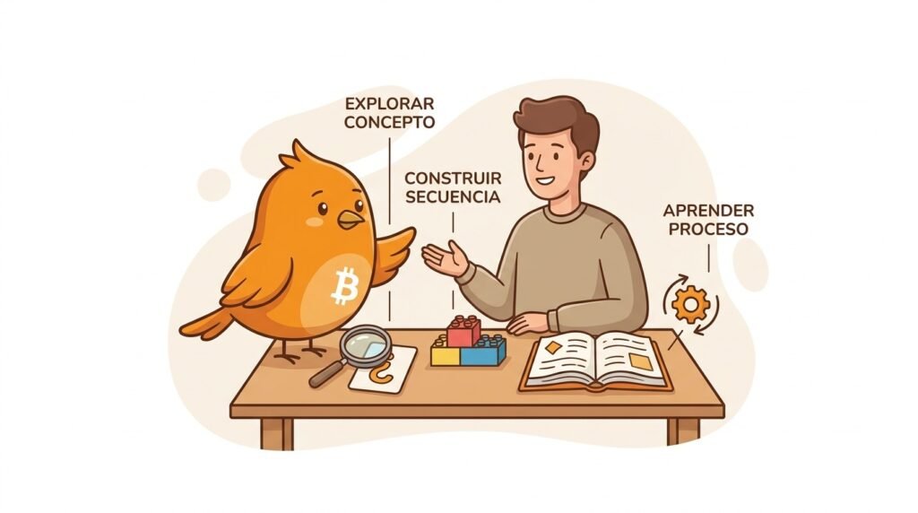 Pajarito conversa con una persona y señala una tarjeta con una duda, junto a símbolos sencillos de una transacción, código y aprendizaje sobre Bitcoin.