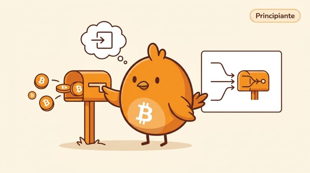 Ilustración vectorial de Pajarito junto a un buzón naranja, mostrando que una dirección de Bitcoin sirve para recibir y que reutilizarla puede relacionar varios pagos.