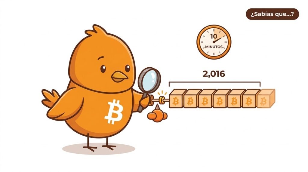 Pajarito ajusta la dificultad junto a una secuencia de bloques y un reloj, representando que Bitcoin corrige el tiempo medio cada 2.016 bloques.