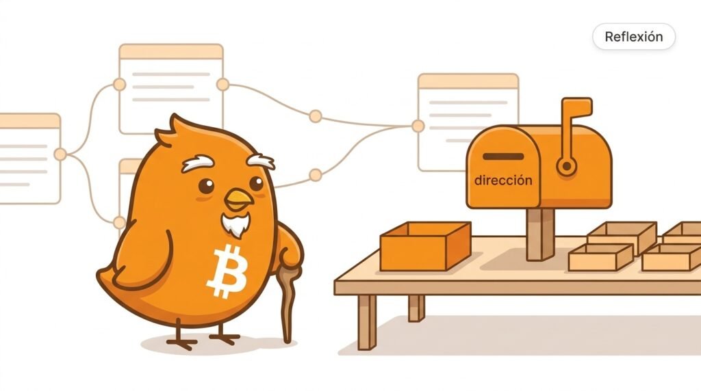 Pajarito compara un buzón que representa una dirección con varias mempools locales en nodos independientes, mostrando que Bitcoin se verifica con reglas compartidas y no mediante una cuenta central.