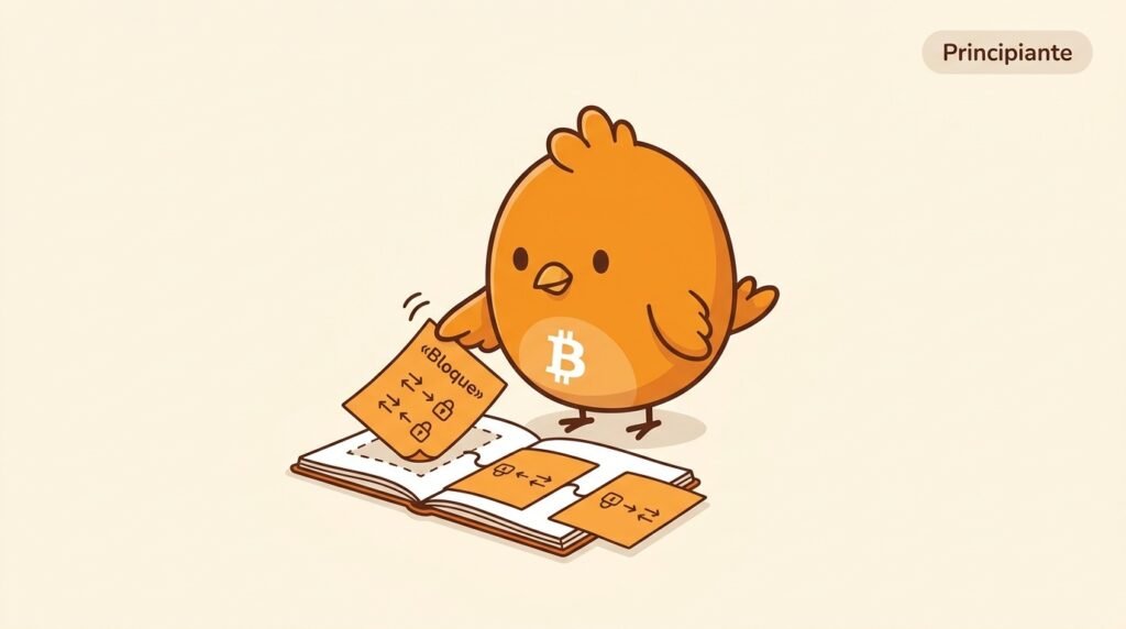 Pajarito coloca una página de bloque en un cuaderno compartido, mostrando que cada bloque agrupa transacciones y se enlaza con el anterior.