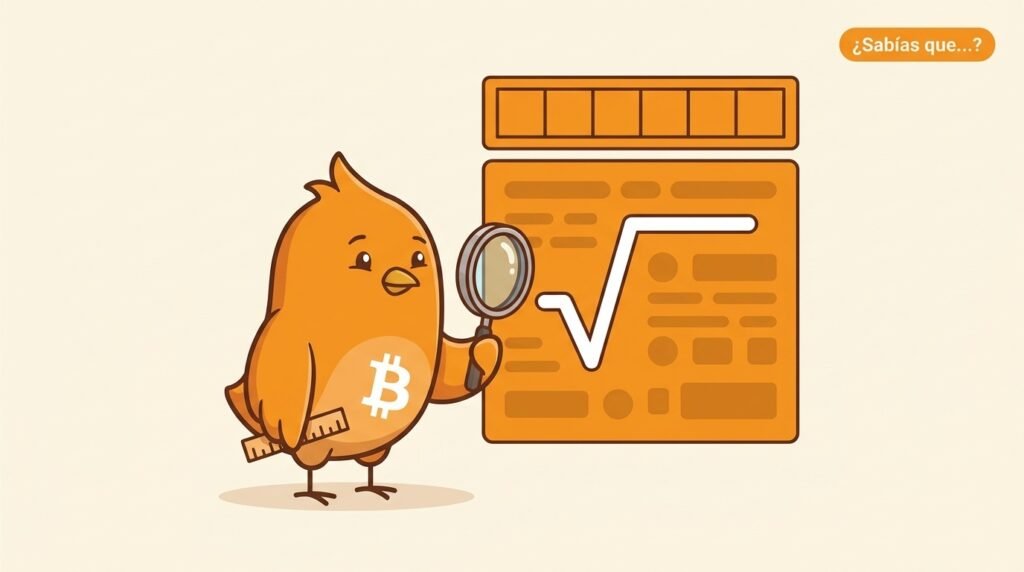 Pajarito mide con una regla el encabezado compacto de un bloque de Bitcoin, mientras un árbol resume muchas transacciones al fondo.