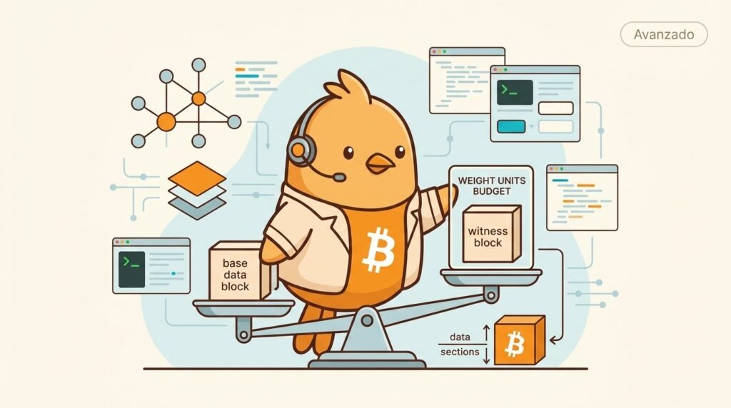 Pajarito compara en una balanza el peso de los datos base y del witness de una transacción SegWit dentro del límite de peso de un bloque.