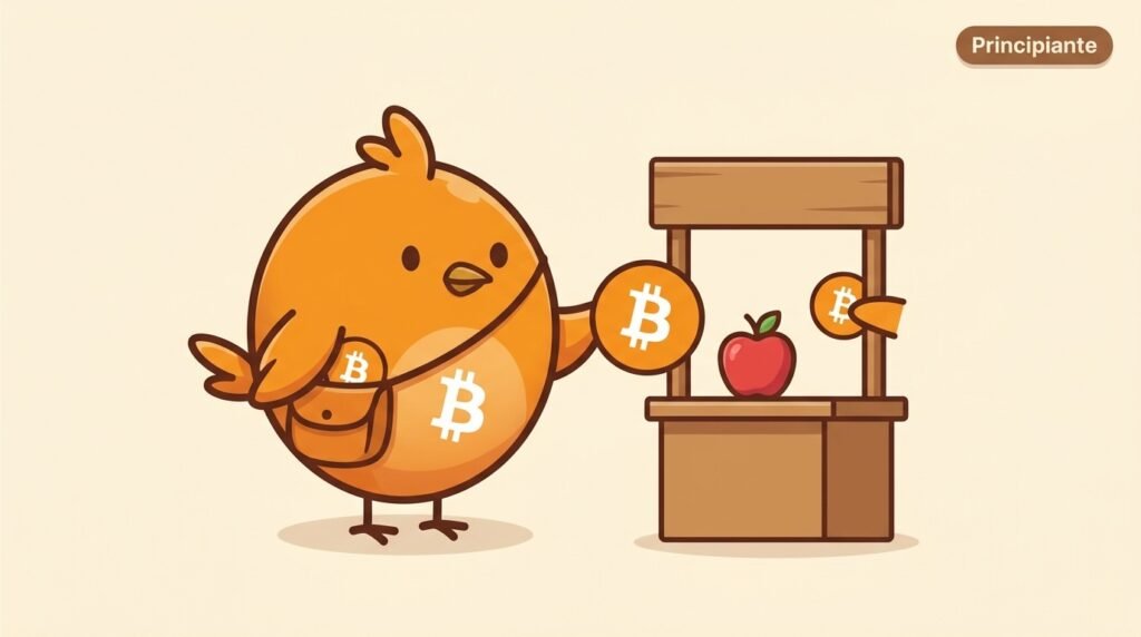 Pajarito entrega una salida grande de Bitcoin y recibe dos salidas: una representa el pago y otra el cambio.