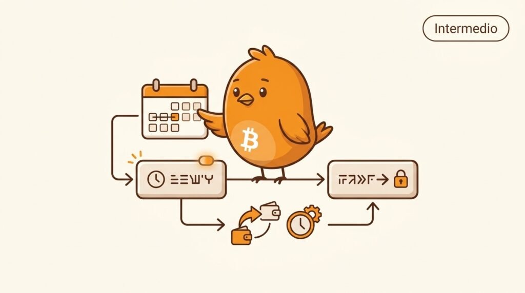 Pajarito observa una transacción junto a un calendario, un reloj y una cadena de bloques para ilustrar que nLockTime y nSequence pueden retrasar cuándo un gasto es válido.