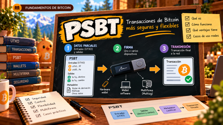 Ilustración de Pajarito sobre qué es una PSBT: preparar, firmar y transmitir por separado.
