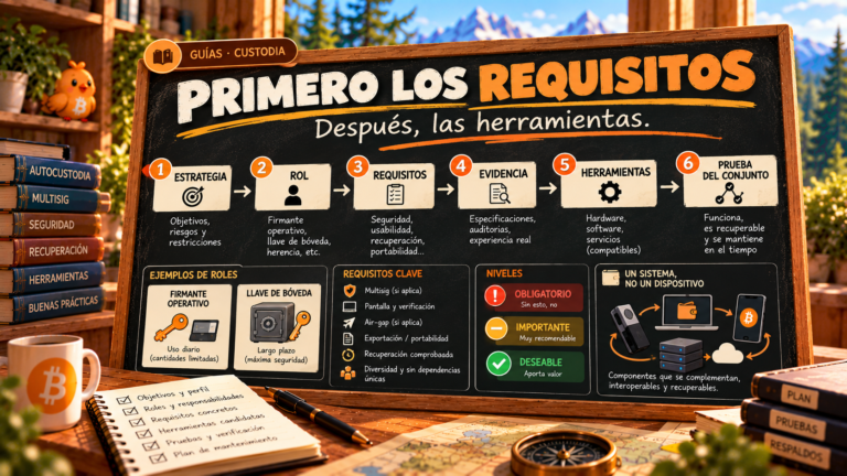 Ilustración de Pajarito sobre definir requisitos antes de elegir herramientas de custodia Bitcoin