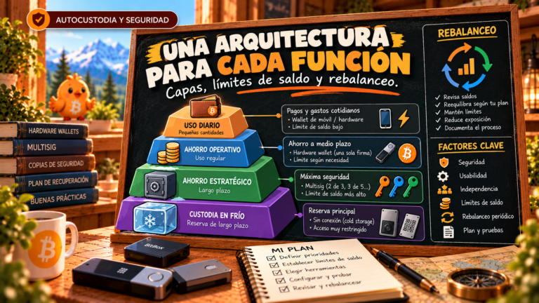 Ilustración de Pajarito sobre una arquitectura por capas con límites de saldo y rebalanceo entre wallets Bitcoin.