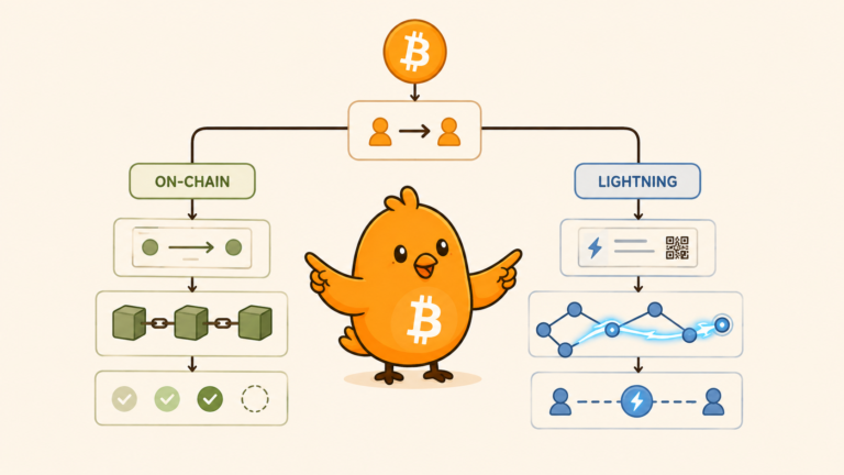 Pajarito compara un pago de Bitcoin on-chain con un pago mediante Lightning.