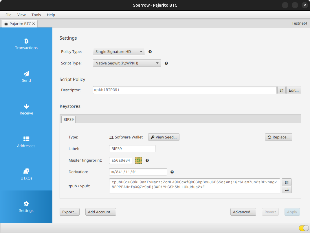 Configuración de Sparrow Wallet mostrando política single signature, Native Segwit y derivación BIP84