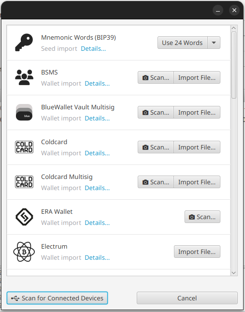 Selector de importación de Sparrow Wallet mostrando Mnemonic Words BIP39 como método de recuperación
