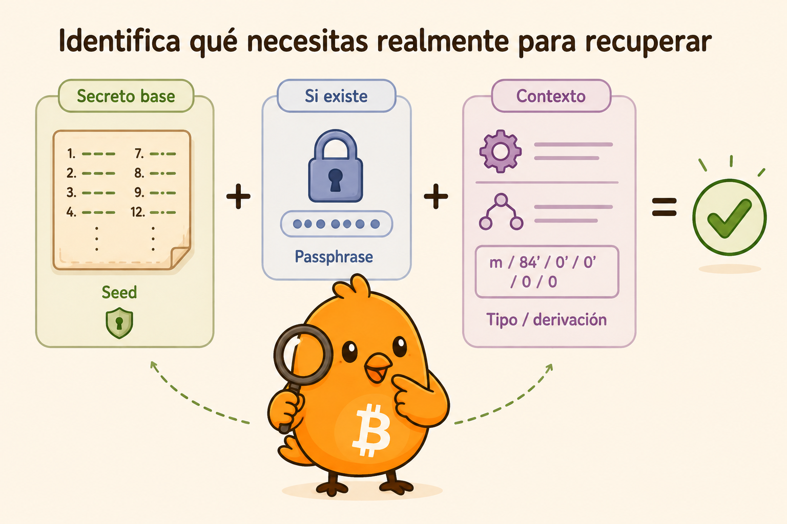 Pajarito mostrando los elementos que conviene reunir antes de recuperar una wallet: seed, posible passphrase y contexto de configuración