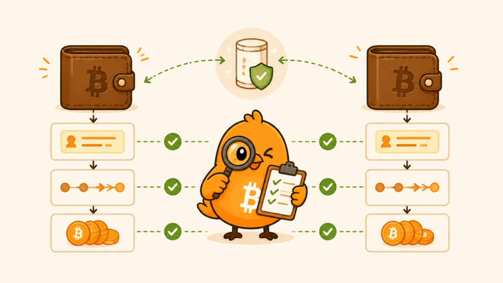 Ilustración de Pajarito: ensaya una recuperación de tu wallet Bitcoin sin poner fondos en riesgo.