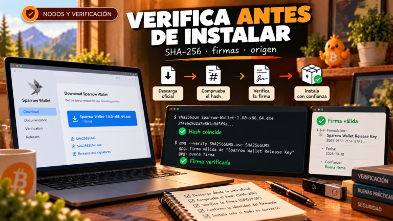Ilustración de Pajarito sobre cómo verificar la descarga de Sparrow Wallet con GPG y SHA-256.