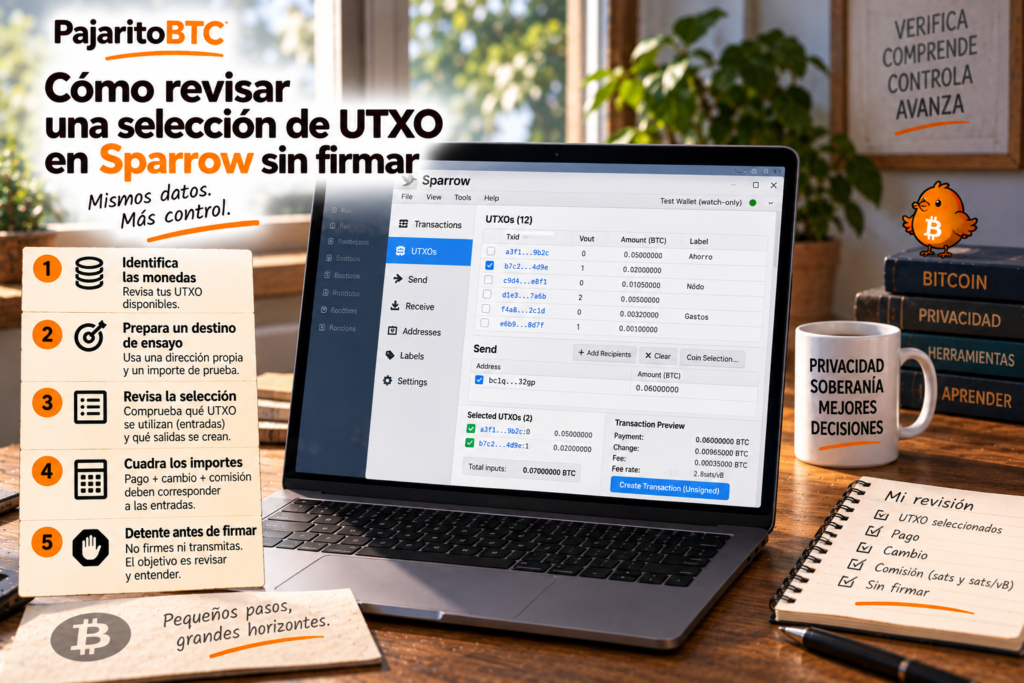 Cómo revisar una selección de UTXO en Sparrow sin firmar