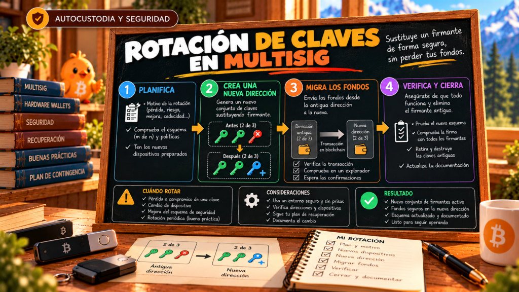 Ilustración de Pajarito sobre la rotación de claves Bitcoin y la sustitución de un firmante en una wallet multisig.