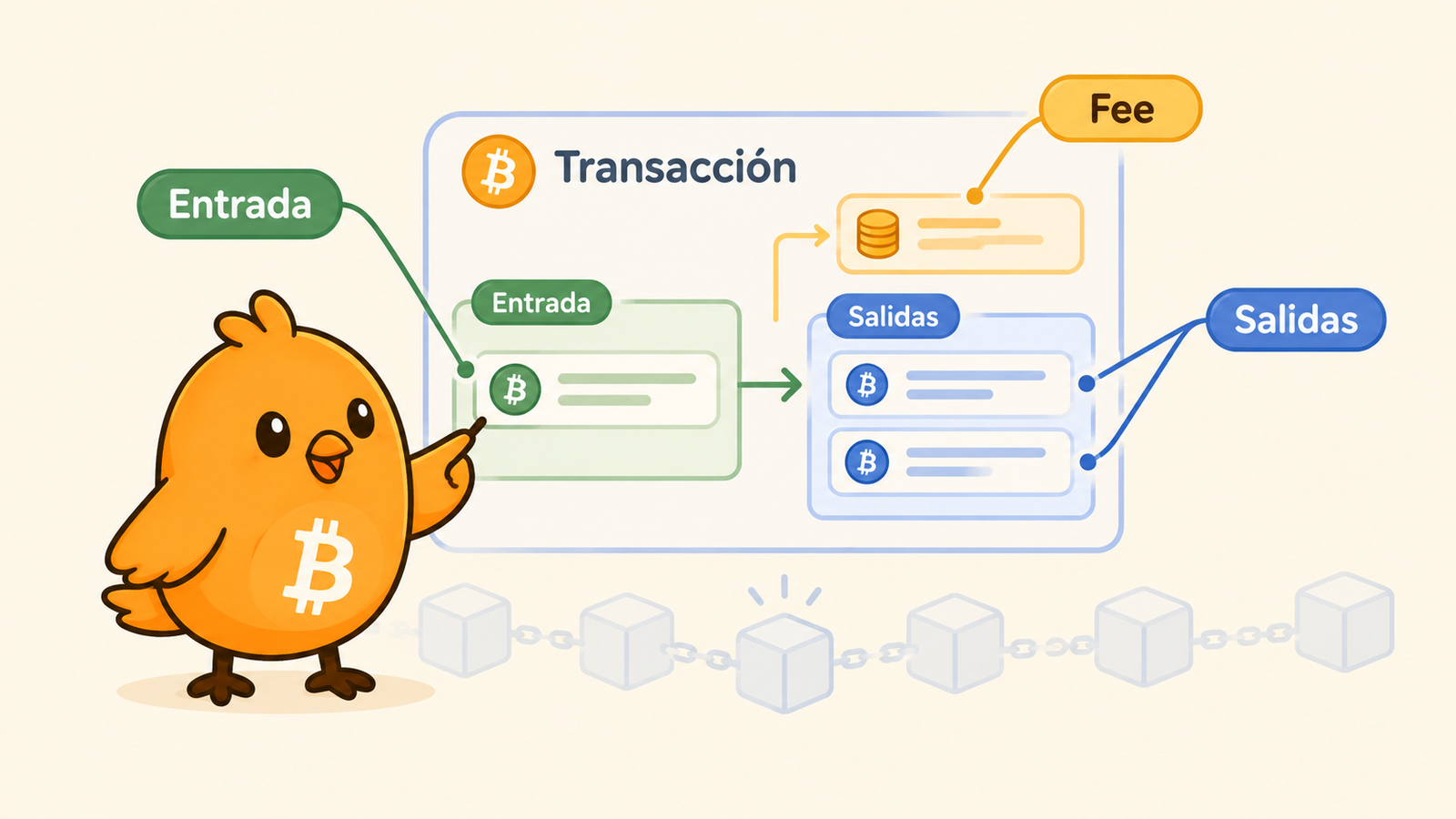 Pajarito explica las entradas, salidas y comisión de una transacción Bitcoin