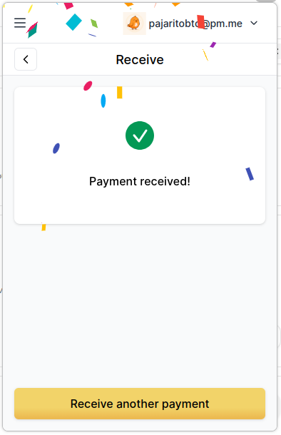 Alby mostrando la confirmación Payment received después de recibir el pago Lightning