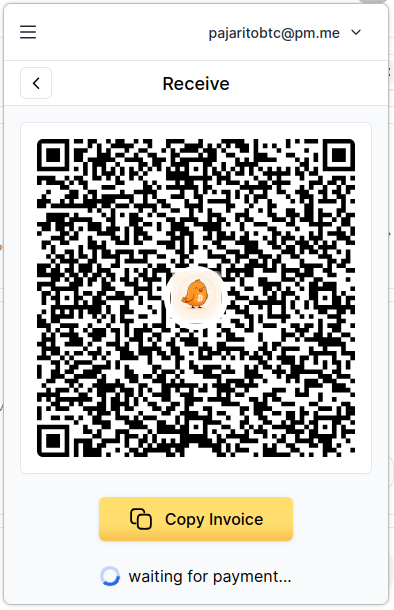 Invoice Lightning de Alby esperando un pago, con código QR y botón para copiar la invoice