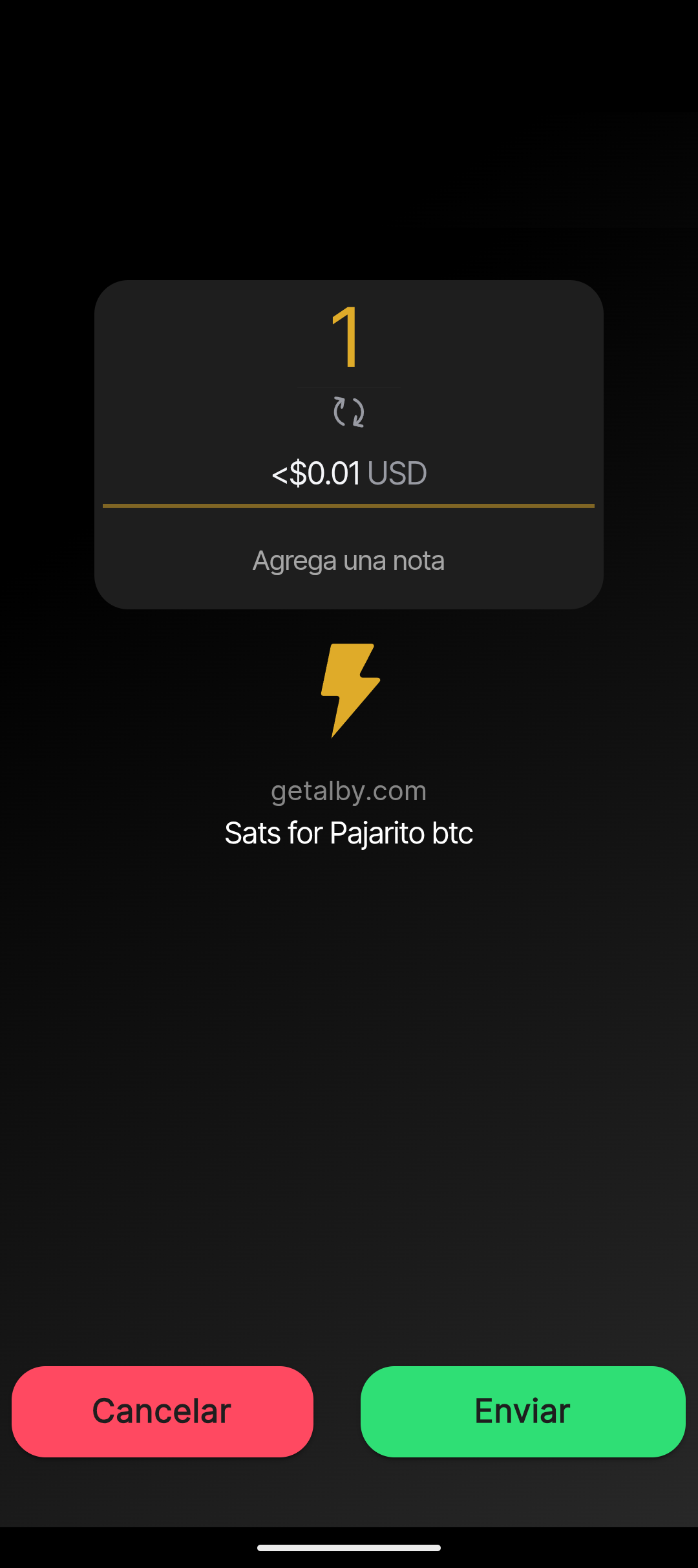 Wallet of Satoshi mostrando un pago Lightning de 1 sat antes de pulsar Enviar