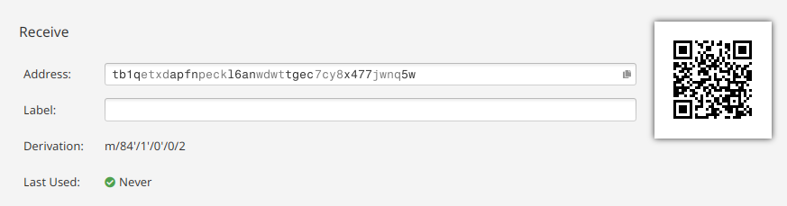 Pantalla Receive de la wallet recuperada en Sparrow mostrando la misma dirección de referencia y la derivación /0/2