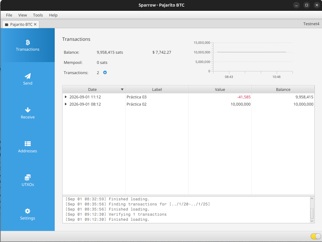 Historial de transacciones reconstruido por la wallet recuperada en Sparrow Wallet
