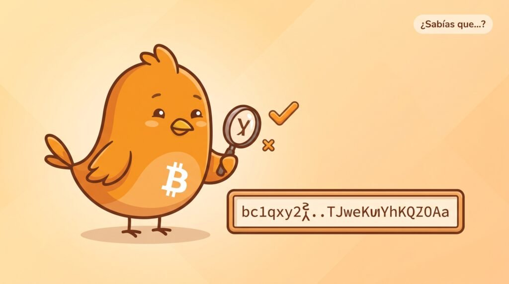 Pajarito regordete con cresta y patas usa una lupa para detectar un error en una dirección Bech32 de Bitcoin, representada como una cadena de caracteres, sin corregirla.
