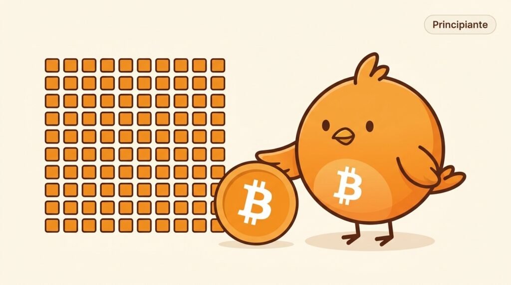 Pajarito muestra cómo una unidad grande de bitcoin se divide visualmente en muchas unidades pequeñas llamadas satoshis.