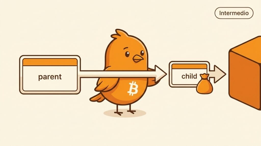 Pajarito enlaza una transacción padre y una transacción hija; la comisión de la hija ayuda a que ambas avancen juntas hacia un bloque de Bitcoin.